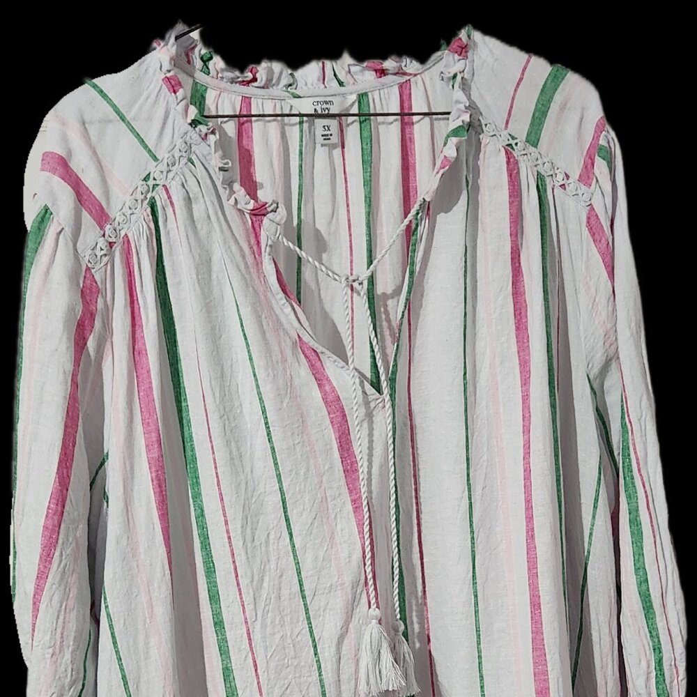 3 XL Crown and Ivy Pink and Green Stripe White Dress with Ruffle Bottom
